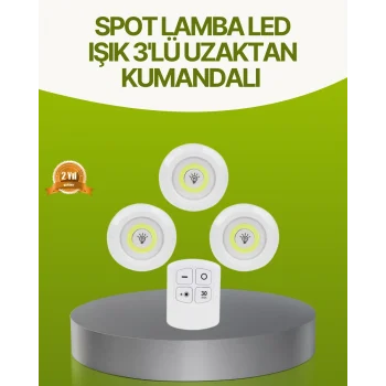Mey İthalat® Uzaktan Kumandalı 3 Lü Kablosuz Led Spot Lamba Seti Yapışkanlı Pratik Kullanım