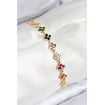 Mey İthalat® VIP Pirinç Renkli Zirkon Taşlı Yonca Model Gold Renk Kadın Bileklik