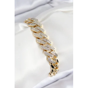 Mey İthalat® VIP Pirinç Zirkon Taşlı Cuba Model Gold Renk Kadın Bileklik