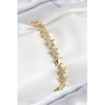 Mey İthalat® VIP Pirinç Zirkon Taşlı Yıldız Model Gold Renk Kadın Bileklik