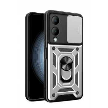 Mey İthalat®  Vivo Y17S Kılıf Pars Lens Yüzüklü Silikon - Gümüş