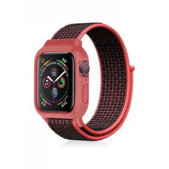 Mey İthalat®   Watch 38mm Hasırlı Cırtcırtlı Kasalı Kordon - Siyah-Pembe