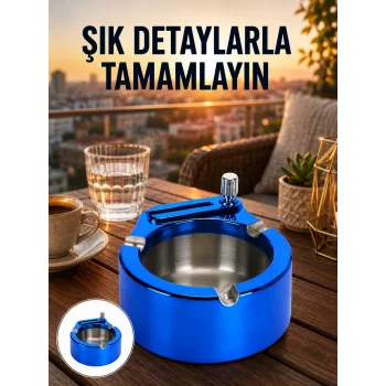 Mey İthalat® Yuvarlak Metal Küllük Çakmak Entegreli Dayanıklı Yapı Yeni Nesil