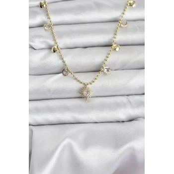 Mey İthalat® Zirkon Taşlı Kutup Yıldızı Model Pirinç Gold Renk Kadın Kolye