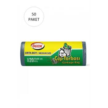 Orta Boy Çöp Torbası 55 x 60 cm 20 Li Rulo x 50 Paket = 1000 Adet (Mavi)