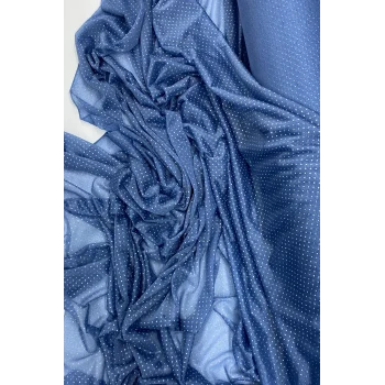 Yağmur Damlası Simli Abiye Elbise Şallık Tül Kumaş İndigo Mavi 89