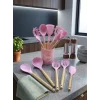 Mey İthalat® 12 Parça Bambu Saplı Silikon Mutfak Gereçleri Seti - Pembe Mutfak Servis Seti