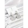 Mey İthalat® Gümüş Renk Zirkon Taşlı Kare Model Kadın Abiye Küpe
