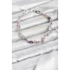 Mey İthalat® Pirinç Gümüş Renk Pembe ve Mor Zirkon Taşlı Çiçek Model Kadın Bileklik