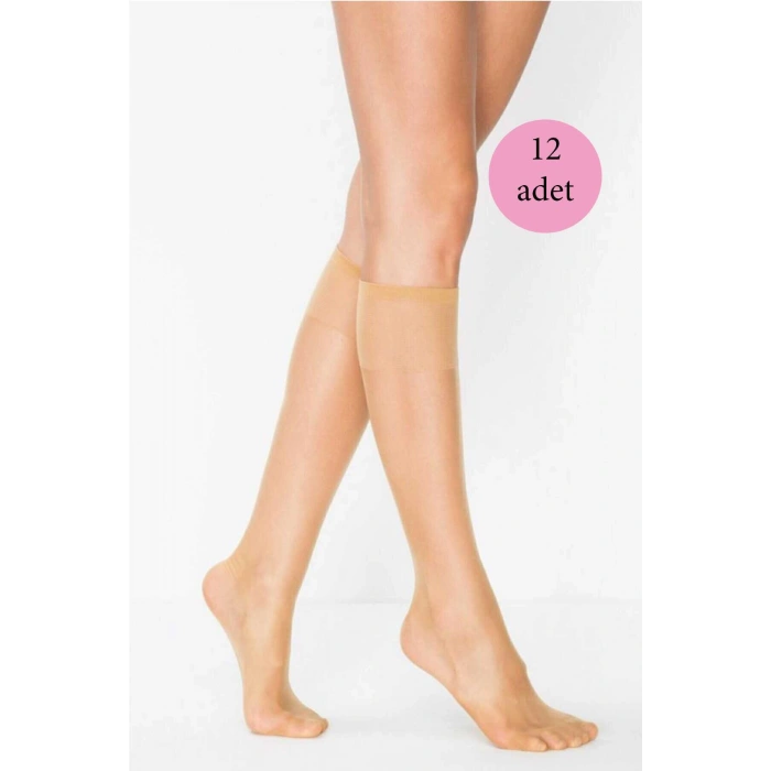 12 Adet Kadın Diz Altı Parlak Fit 15 Denye Çorap Ten