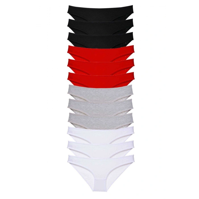 12 adet Süper Eko Set Likralı Kadın Slip Külot Siyah Kırmızı Gri Beyaz