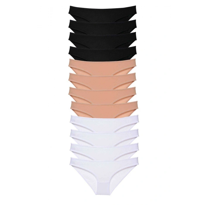 12 adet Süper Eko Set Likralı Kadın Slip Külot Siyah Ten Beyaz