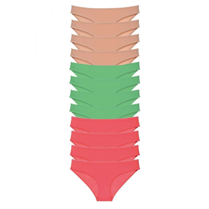 12 adet Süper Eko Set Likralı Kadın Slip Külot Ten Yeşil Fuşya