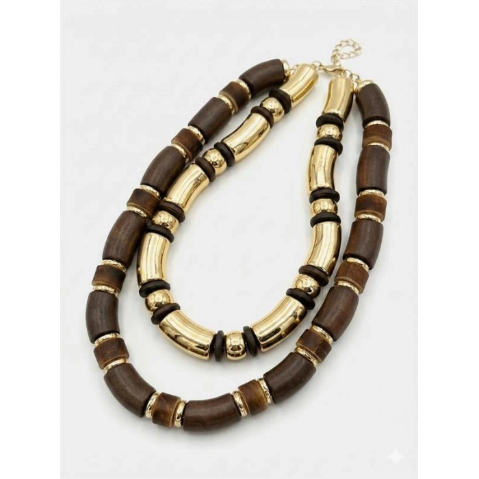 2li Ahşap Kolye - Kahverengi