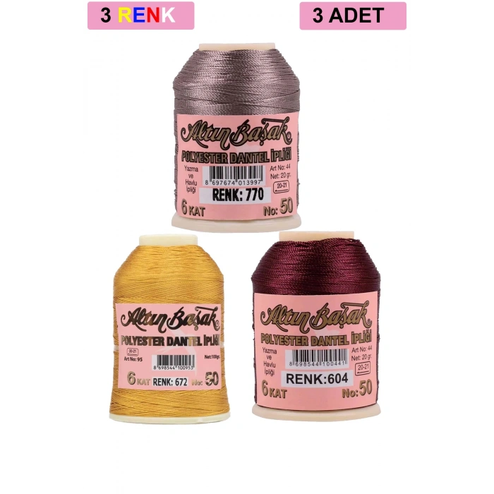 3 Adet Altınbaşak Oya ve Dantel İpi 20 gr - Royaleks - No: 672 - 604 - 770