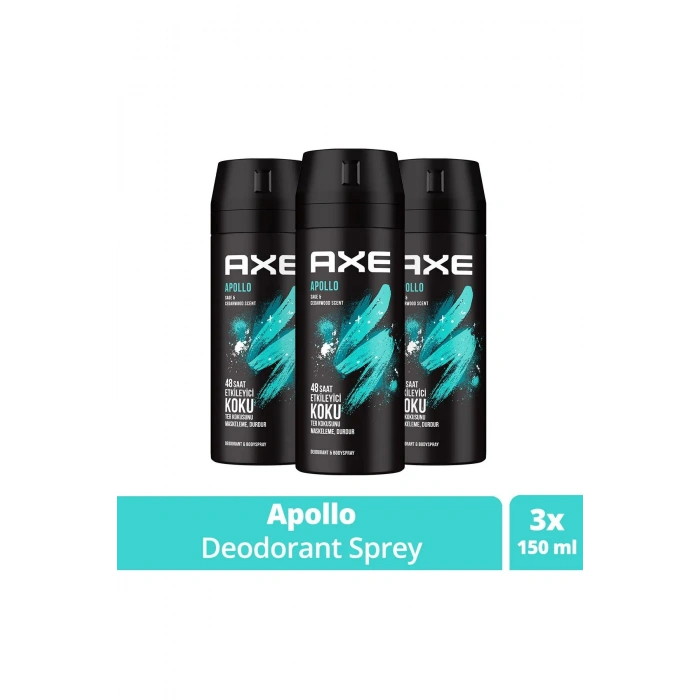 3 Adet Axe Erkek Sprey Deodorant Apollo 48 Saat Etkileyici Koku Vücut Spreyi 150 ml
