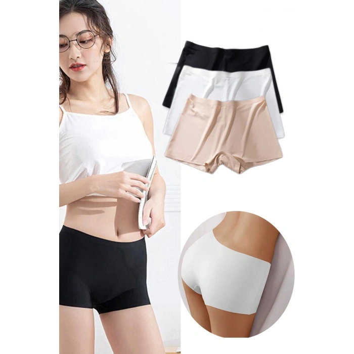 3 Adet Kadın Dikişsiz Görünmez İz Yapmaz Mini Şort Boxer Siyah Beyaz Ten