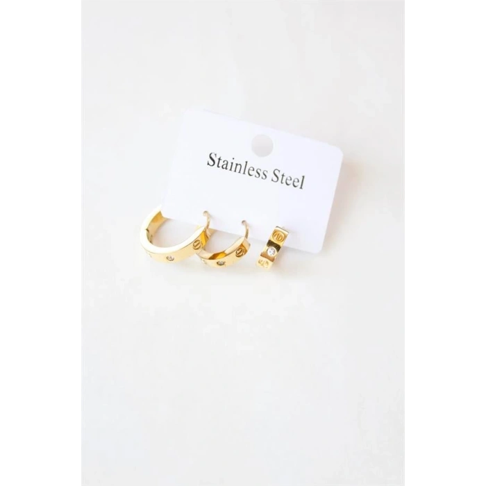 3lü Taşlı Çelik Halka Küpe - Altın