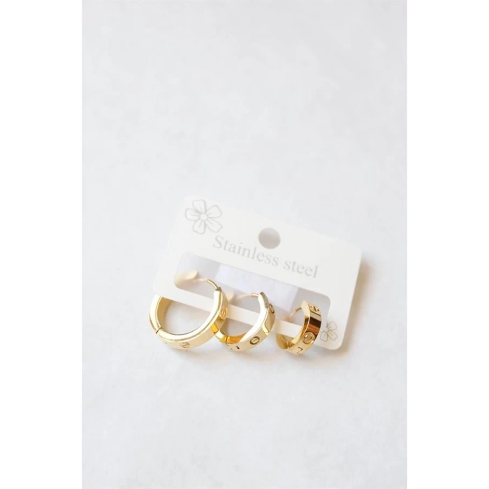 3lü Taşsız Çelik Halka Küpe - Altın