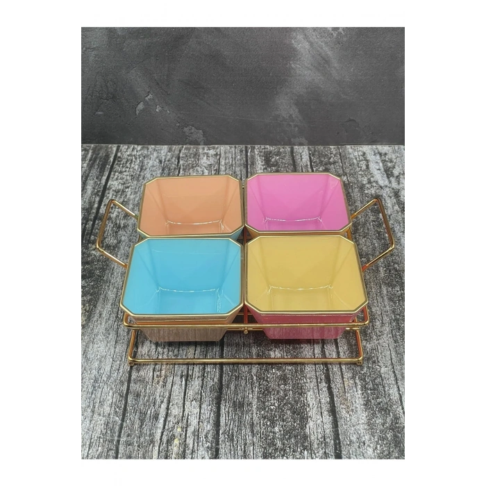 4 Bölmeli Gold Standlı Cam Kahvaltılık Çerezlik Sunumluk Renkli