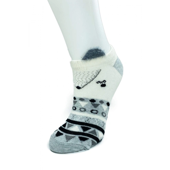 4 Çift Yumuşak Ponpon 3 Boyut Kulaklı Desenli Pamuklu Kadın Bilek çorap