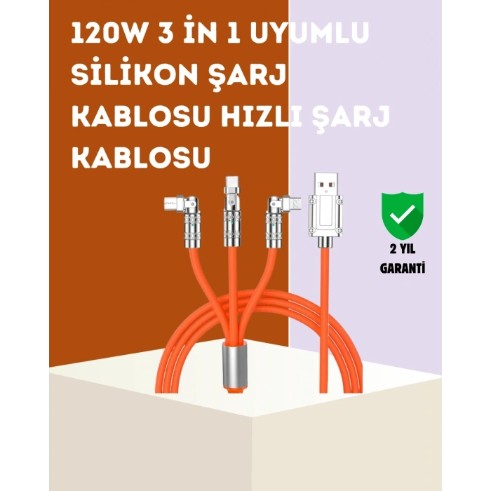 Mey İthalat® 120 W Hızlı Çözüm Sunan 3ü 1 USB Şarj Kablosu– Sağlam Gövde