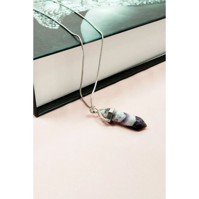 Ametist Doğal Taşı Zincirli El Yapımı Tasarımlı Kolye Uç: 3,5 cm Zincir: 20 cm Kutulu