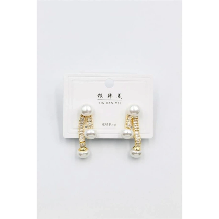 Baget Taşlı İncili Küpe - Altın