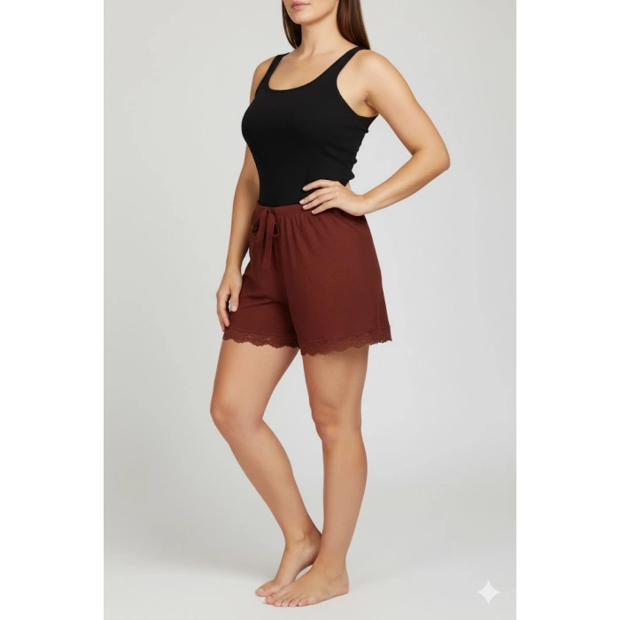 Bambu Fitilli Kadın Ev Şortu Bacak Dantel Detaylı Ev Giyim Koyu Taba