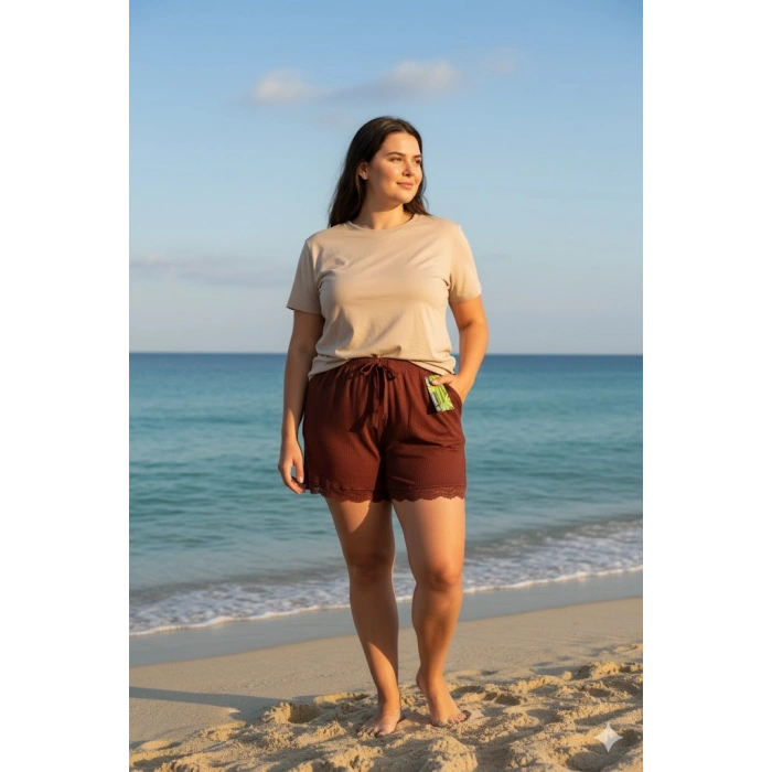 Bambu Fitilli Kadın Ev Şortu Bacak Dantel Detaylı Ev Giyim Koyu Taba