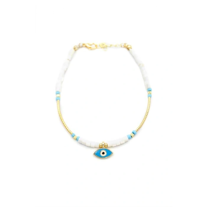 Boncuklu Göz Halhal - Beyaz