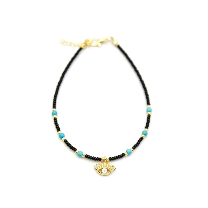 Boncuklu Göz Halhal - Siyah