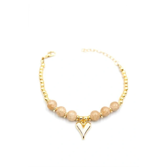 Boncuklu Kalp Bileklik - Krem