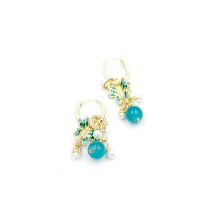 Boncuklu Kelebek Küpe - Turkuaz