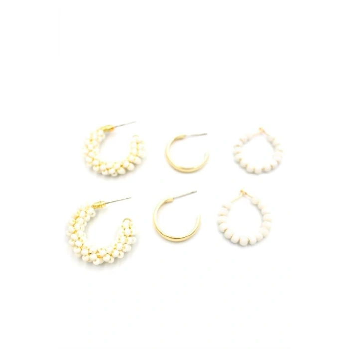 Boncuklu Küpe Seti - Krem