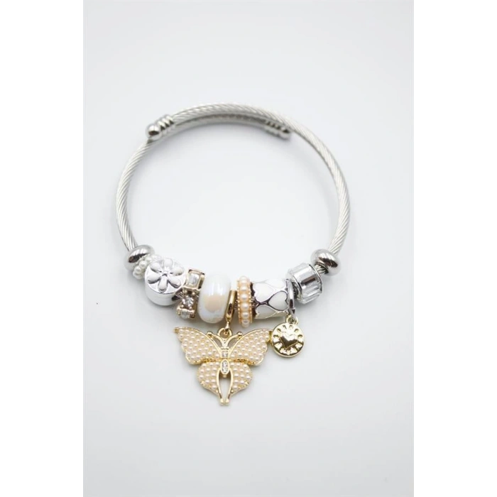 Çelik Charmlı Kelebek Bileklik - Beyaz