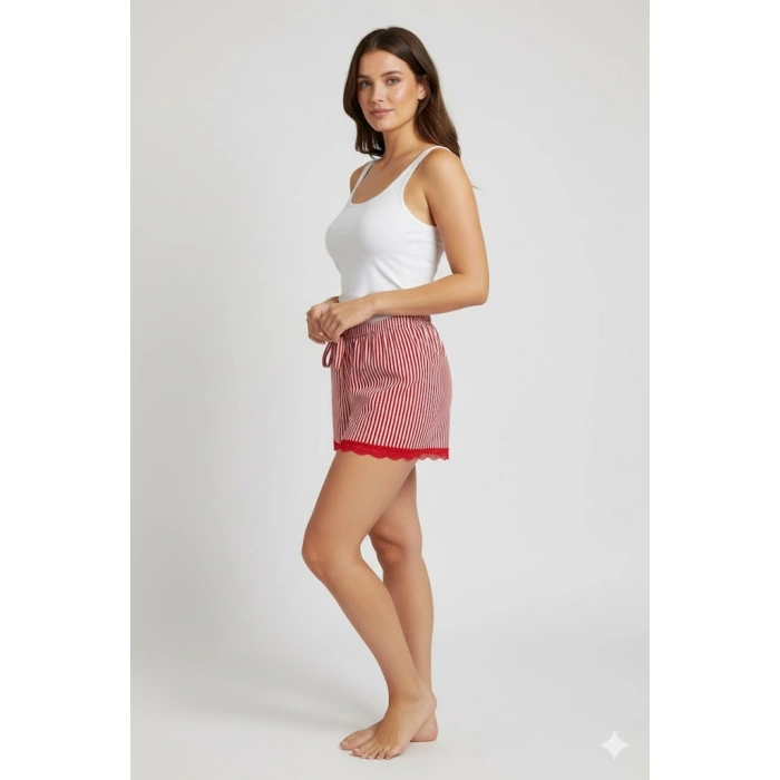Çizgili Penye Kadın Ev Şortu Bacak Dantel Detaylı Ev Giyim Kırmızı
