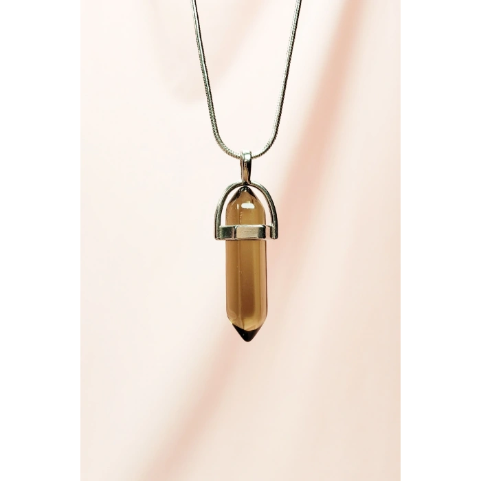 Dumanlı Kuvars Doğal Taşı Zincirli El Yapımı Tasarımlı Kolye Uç: 3,5 cm Zincir: 20 cm Kutulu