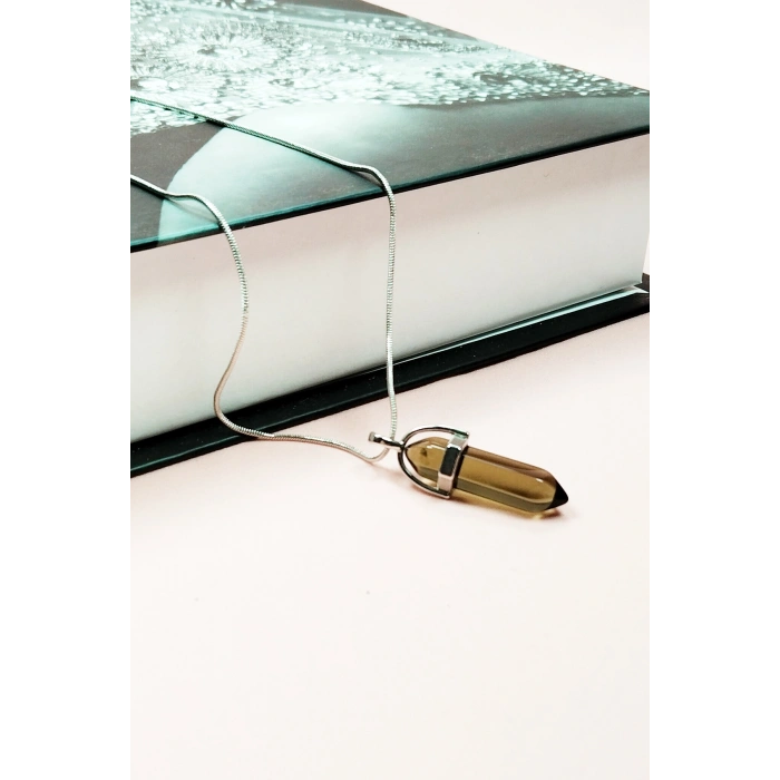 Dumanlı Kuvars Doğal Taşı Zincirli El Yapımı Tasarımlı Kolye Uç: 3,5 cm Zincir: 20 cm Kutulu