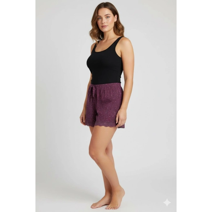 Düz Renk Mini Çiçek Desenli Penye Kadın Ev Şortu Bacak Dantel Detaylı Ev Giyim Gül Kurusu