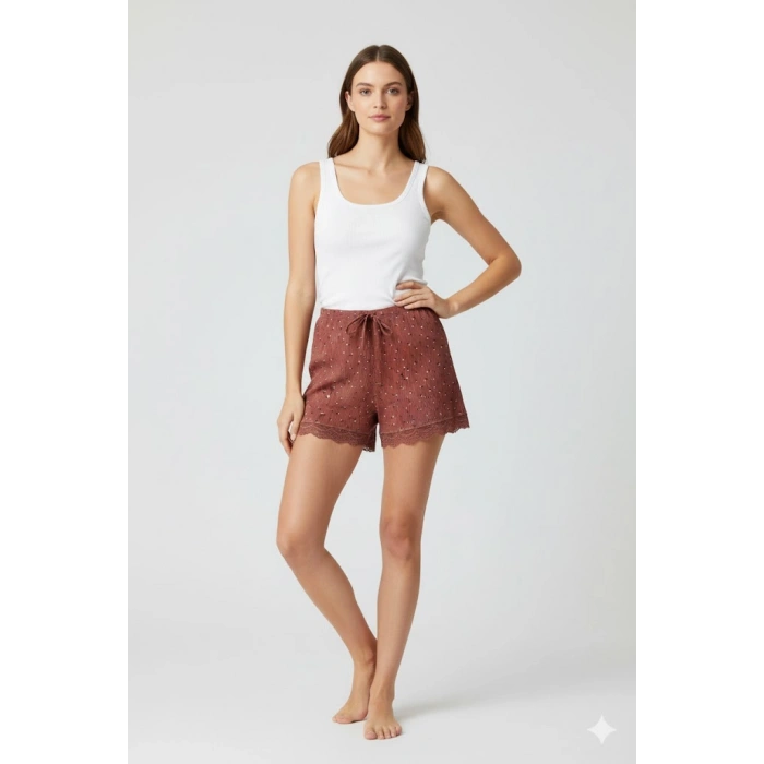 Düz Renk Mini Çiçek Desenli Penye Kadın Ev Şortu Bacak Dantel Detaylı Ev Giyim Taba