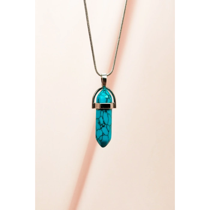 Firuze Doğal Taşı Zincirli El Yapımı Tasarımlı Kolye Uç: 3,5 cm Zincir: 20 cm Kutulu