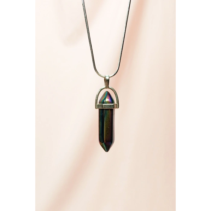 Hematit Doğal Taşı Zincirli El Yapımı Tasarımlı Kolye Uç: 3,5 cm Zincir: 20 cm Kutulu