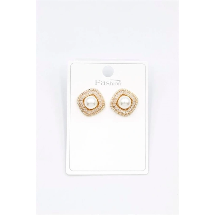 İncili Baget Taşlı Küpe - Altın