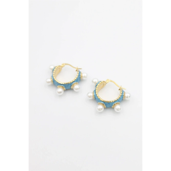 İncili Mineli Halka Küpe - Turkuaz