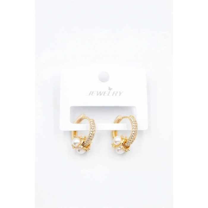 İncili Taşlı Halka Küpe - Altın