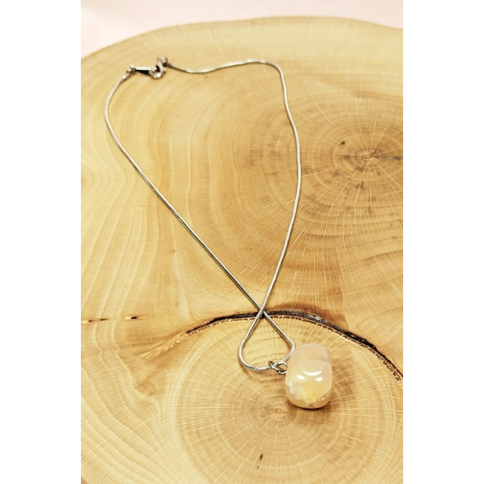 Kalsit Doğal Taşı Zincirli El Yapımı Kolye Uç: 1,5 cm Zincir: 20 cm Kutulu