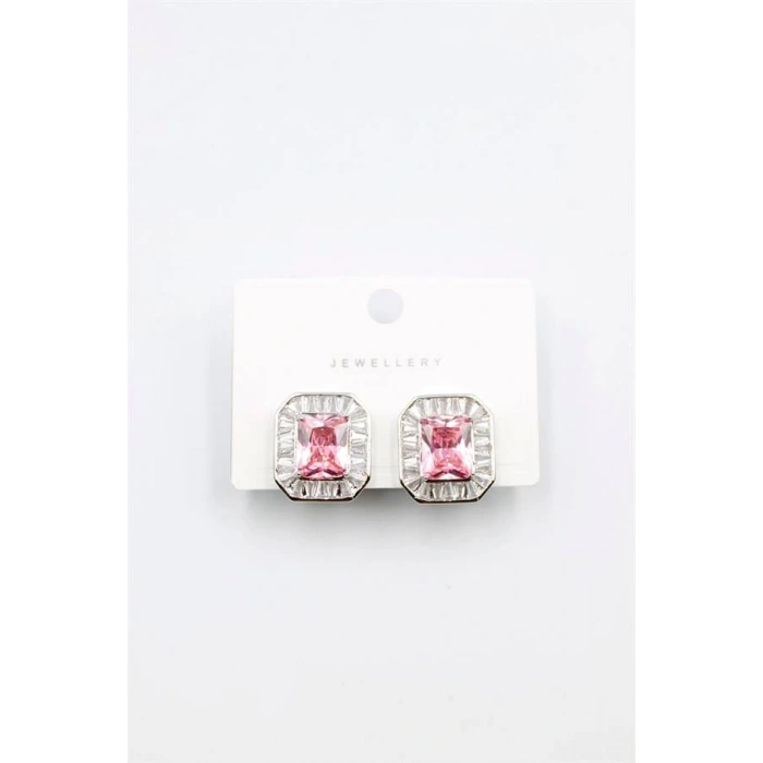 Kare Taşlı Küpe - Pembe