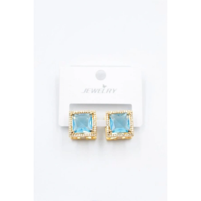 Kare Taşlı Küpe - Turkuaz