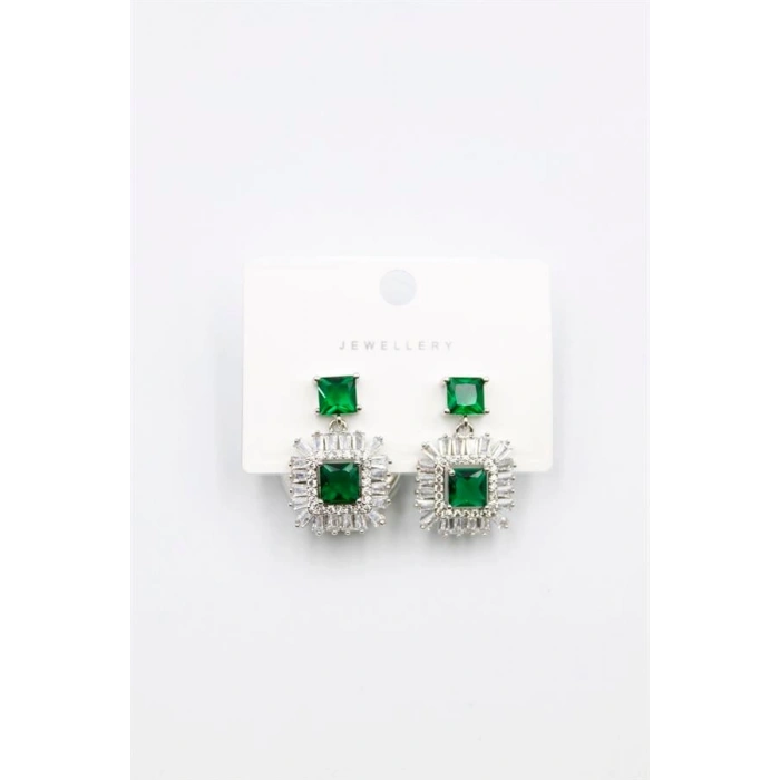 Kare Taşlı Küpe - Yeşil